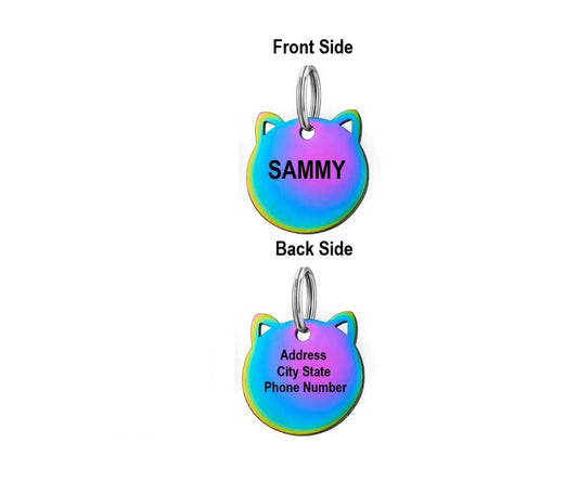 "Colorful cat head-shaped cat ID tag, featuring a vibrant and playful design with bright colors, adding a fun and unique touch to your cat's ID while ensuring their information is easily identifiable."